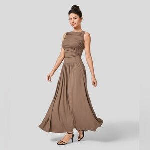 Halara Brown Boat Neck Ruched Side Pocket Flowy Maxi Casual Dress | NEW!!🤎🤎